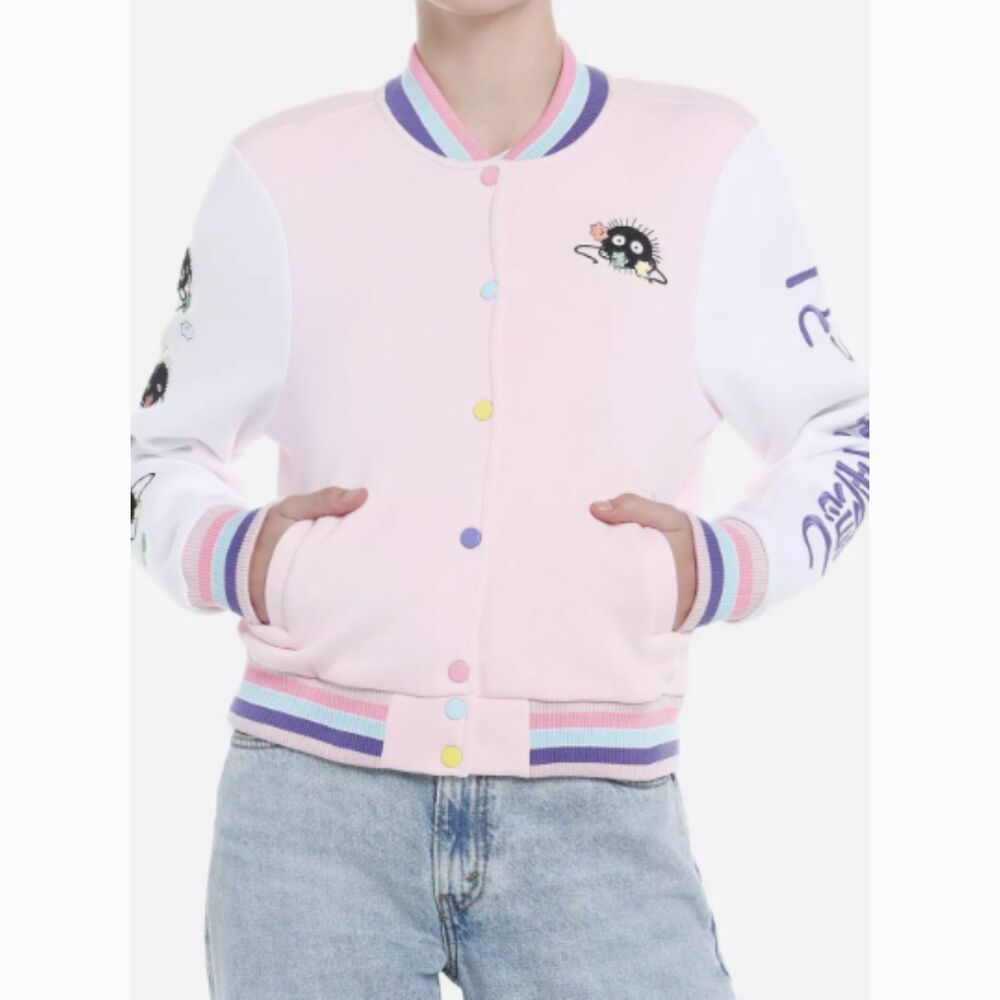 Studio Ghibli Spirited Away Soot Sprites Pastel Girls Varsity Jacket Sz S Pink